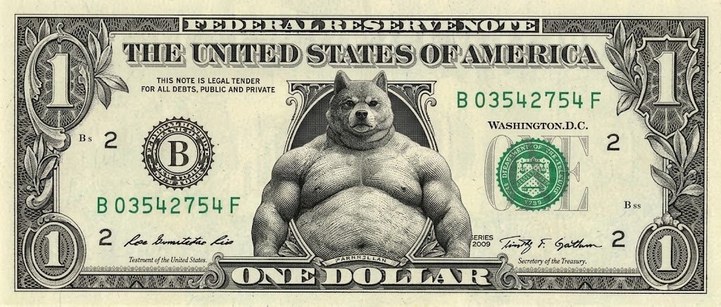 A one dollar bill with the dog where Washington should be.