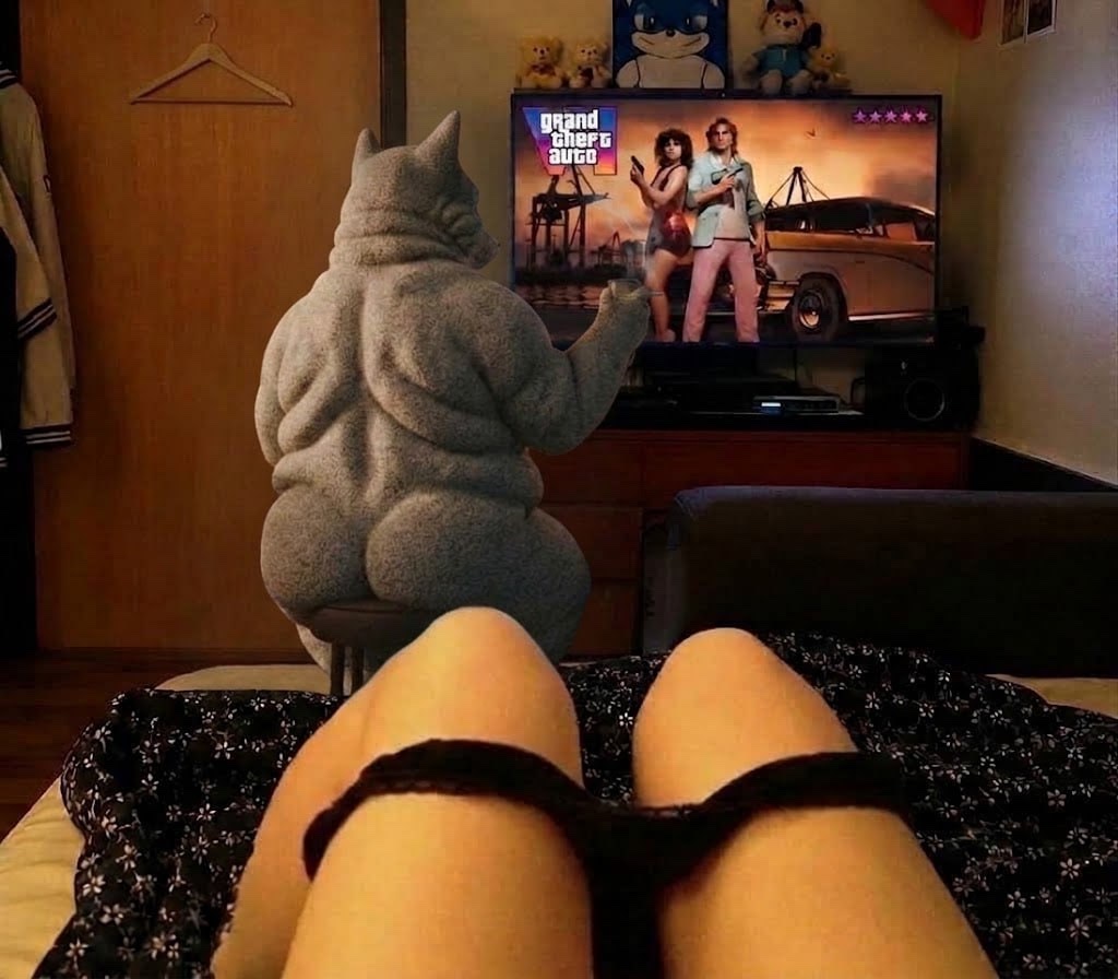 The dog on a stool playing GTA, back turned to the bed.