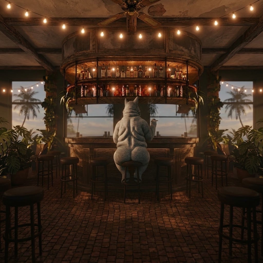 An empty tiki bar at dusk. One stool taken: the dog, back turned, cigarette in hand.