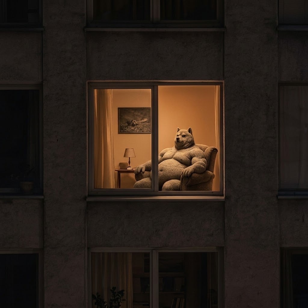 One lit window in an apartment block. The dog in an armchair, lamp on.